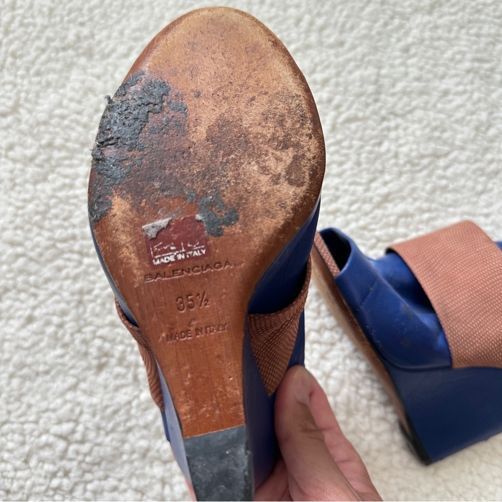 Balenciaga Blue/Brown Leather Open Toe Glove Slingback Sandals Size 35.5 - Picture 6 of 9